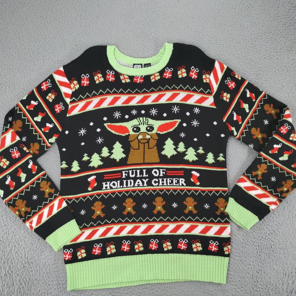 Star Wars Sweater Mens 2XL Green Black Knit Christmas Full Holiday Cheer Grogu